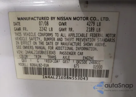 2008 Nissan Altima 2.5 S from USA, damaged, VIN 1N4AL21E08N553043